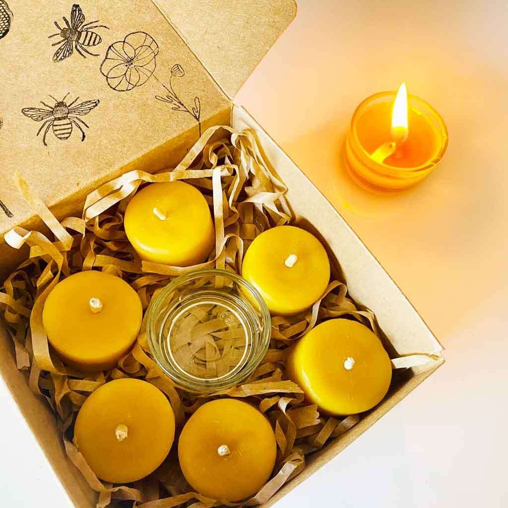 Velas tealight de pura cera de abeja | Pack con portavela
